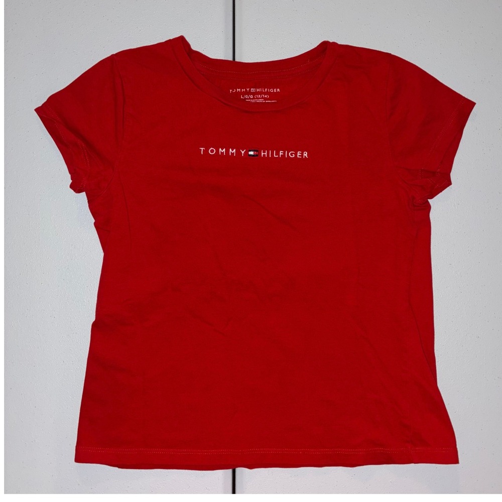 Tommy Hilfiger Girls Red Short Sleeve Logo T-Shirt Size Large 12/14 Cotton
